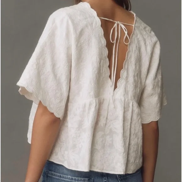 Anthropologie white floral stitched V neck flowy top, tie back, Medium,NWT - Picture 6 of 11